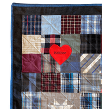 Load image into Gallery viewer, Close-Up-Patchwork-squares-and-Embroidered-heart-on-Memory-Quilt-clothing-by-Julie-Moss-Replay-Quilts