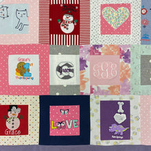 Load image into Gallery viewer, Close-up-of-baby-clothing-squares-in-T-shirt-Quilt-by-Julie-Moss-Replay-Quilts