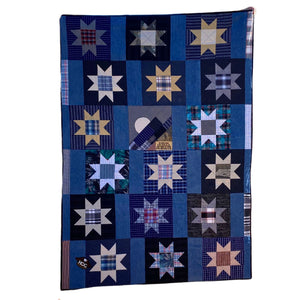 Stars-and-denim-moon-block-Memory-Quilt-by-Julie-Moss-Replay-Quilts