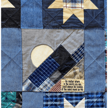 Load image into Gallery viewer, Close-up-of-custom-Memory-Quilt-block-with-embroidered-phrase-by-Replay-Quilts