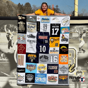 Girl-with-College-Softball-T-shirt-Quilt-by-Julie-Moss-of-Replay-Quilts