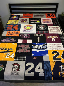 Softball - T-shirt - Quilt - on - Queen bed - by -Julie - Moss - Replay - Quilts