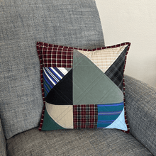 Load image into Gallery viewer, Triangle-shapes-Quilted-design-Memory Pillow-in-chair-Replay-Quilts-made-by-Julie-Moss